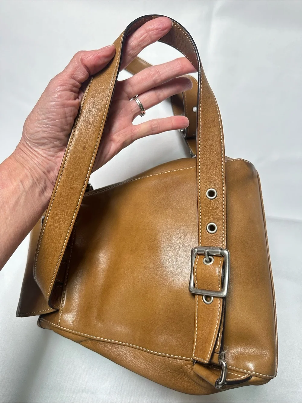 Vintage Coach British Tan Soft Leather Drawstring Backpack with Buckle Flap